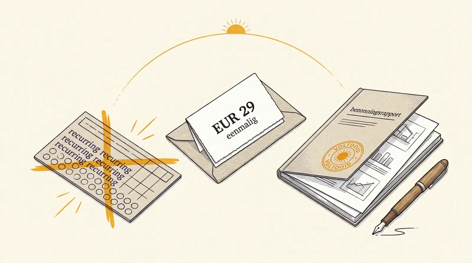 Axonometrische tekening van drie bureau-objecten naast elkaar: links een punch-card met “recurring” herhaald erop en een amberkleurig kruis erdoor, midden een envelop met een kaartje “EUR 29 / eenmalig”, rechts een gebonden bezonningsrapport met “VOLTOOID”-stempel en een vulpen ernaast. Bovenin loopt een dunne amberkleurige zonneboog met zonnedisc.