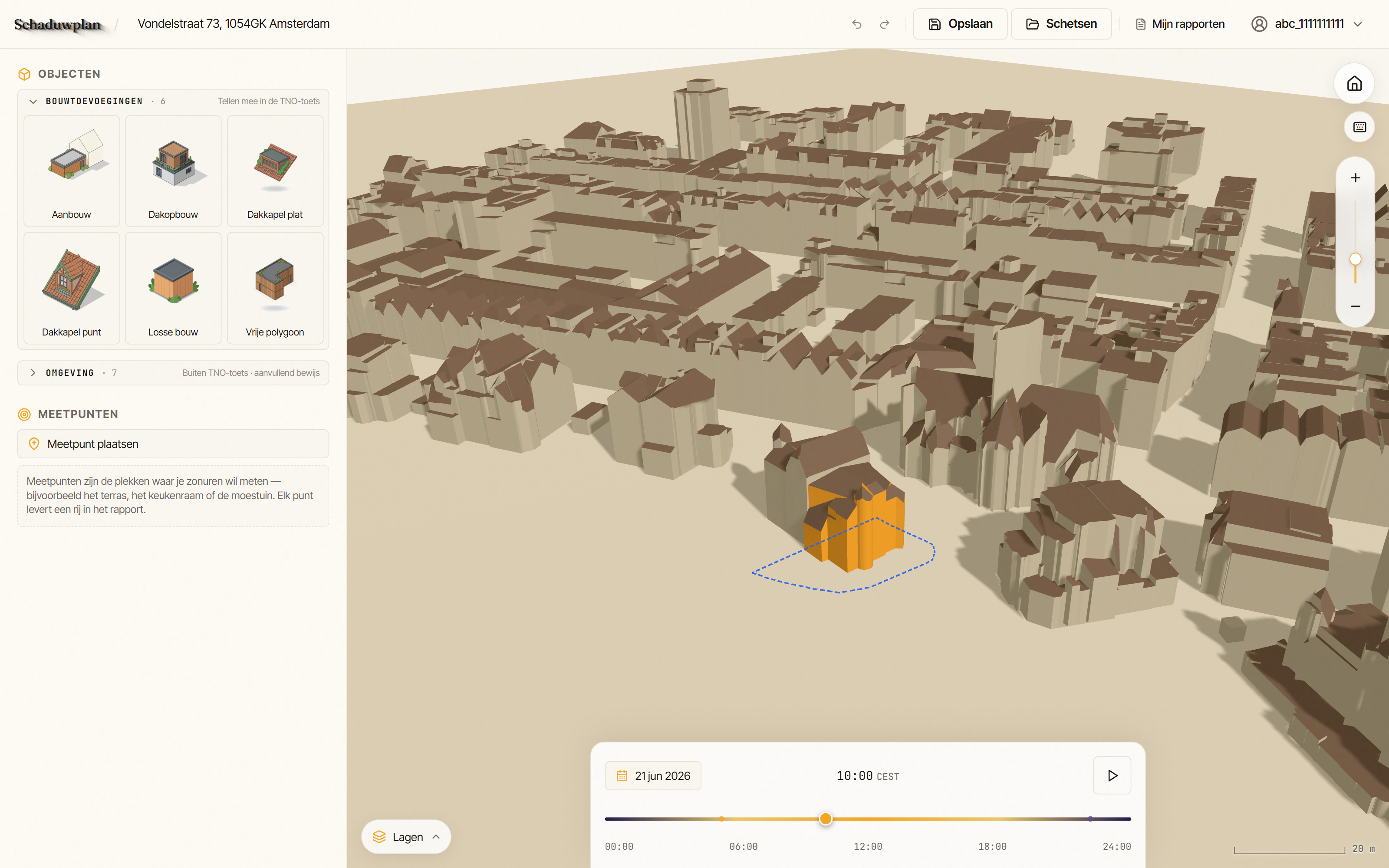 Schaduwplan 3D-viewer op Vondelstraat 73, Amsterdam — schaduwanalyse op 21 juni met het subjectpand in oranje, omliggende daken in klei-bruin